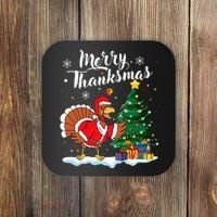Merry Thanksmas Christmas Turkey Santa Thanksgiving Fall Coaster thumb 0