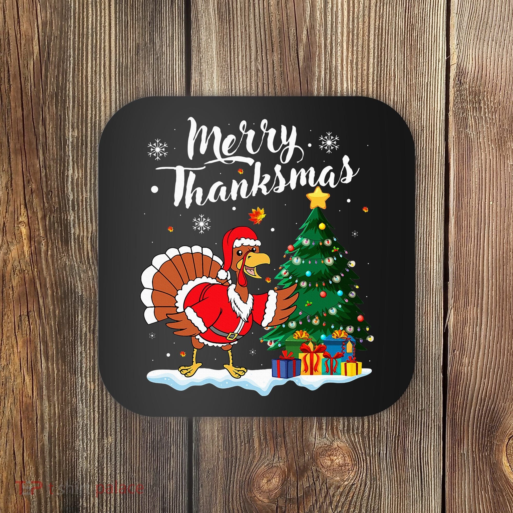 Merry Thanksmas Christmas Turkey Santa Thanksgiving Fall Coaster
