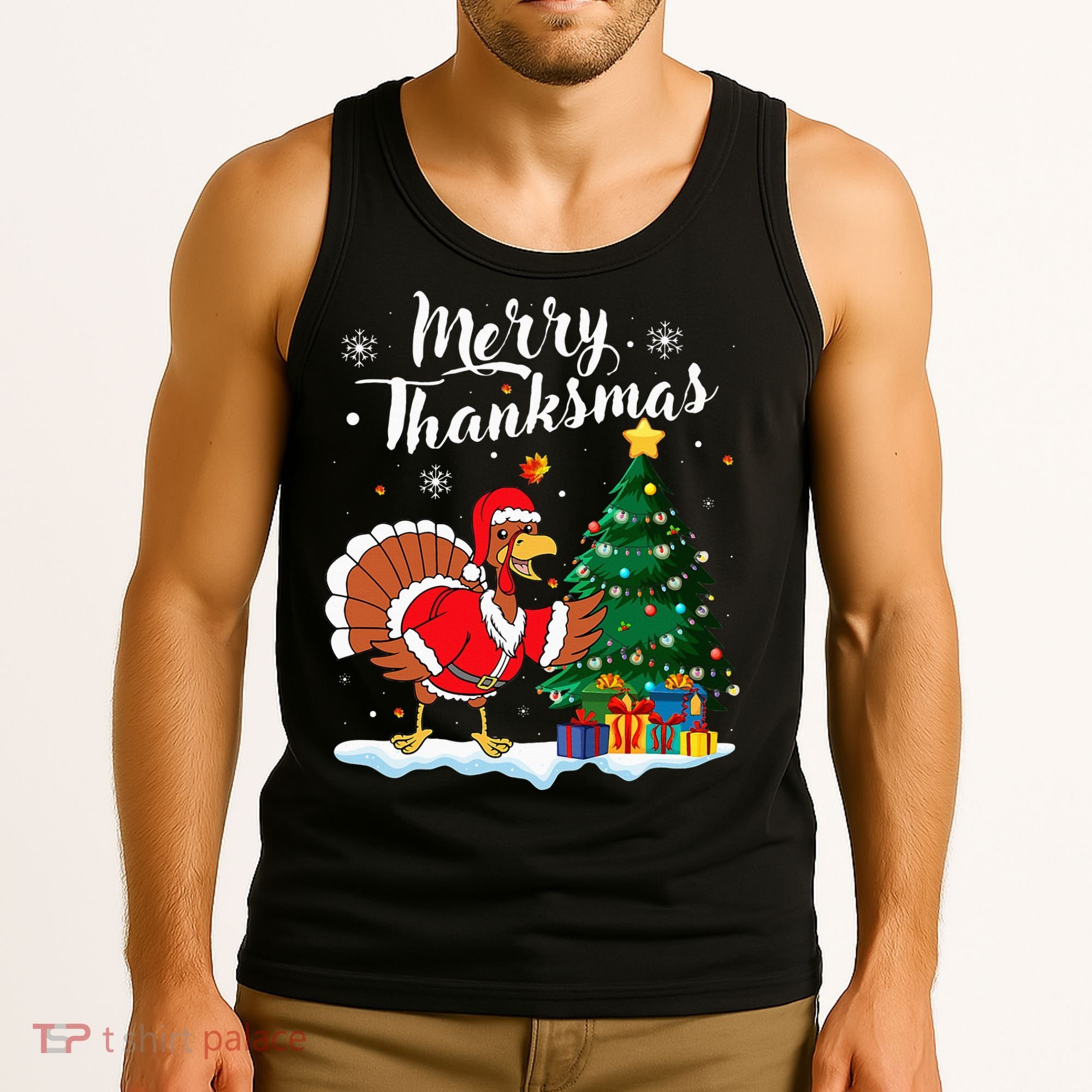 Merry Thanksmas Christmas Turkey Santa Thanksgiving Fall Tank Top