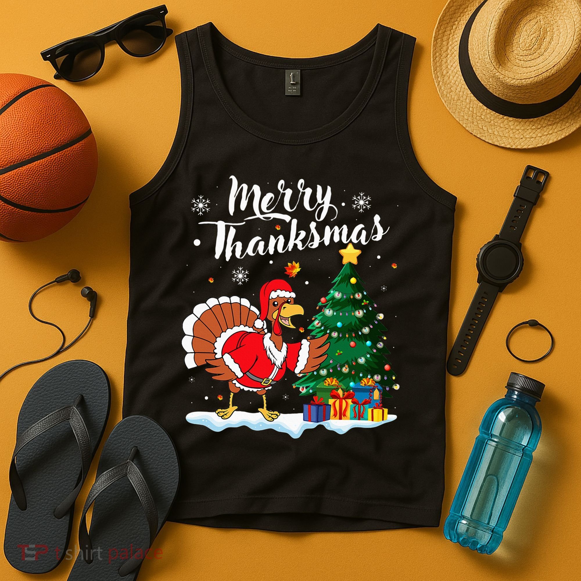 Merry Thanksmas Christmas Turkey Santa Thanksgiving Fall Tank Top