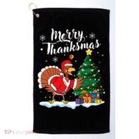 Merry Thanksmas Christmas Turkey Santa Thanksgiving Fall Golf Towel thumb 0
