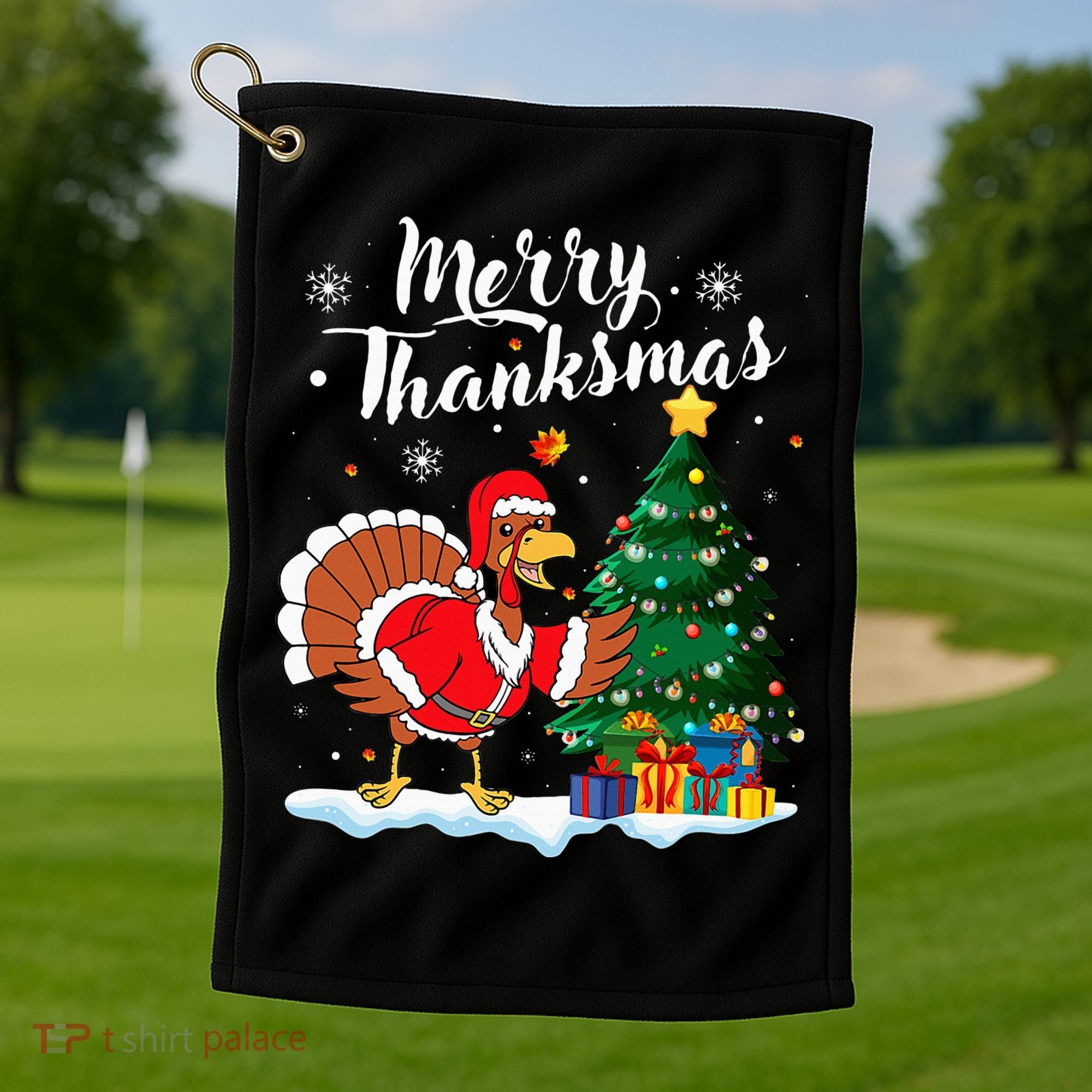 Merry Thanksmas Christmas Turkey Santa Thanksgiving Fall Golf Towel