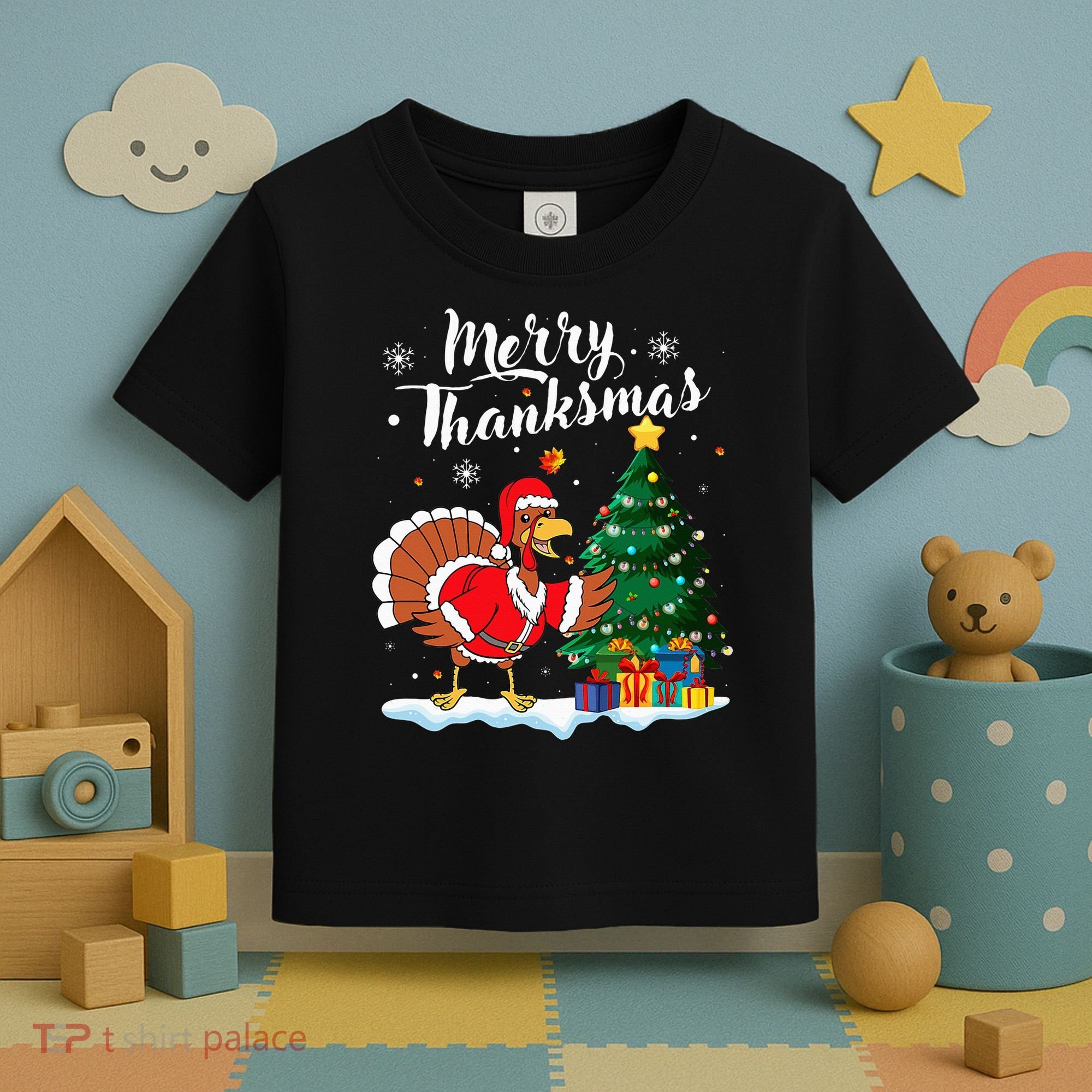 Merry Thanksmas Christmas Turkey Santa Thanksgiving Fall Toddler T-Shirt