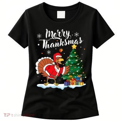 Merry Thanksmas Christmas Turkey Santa Thanksgiving Fall Women's T-Shirt