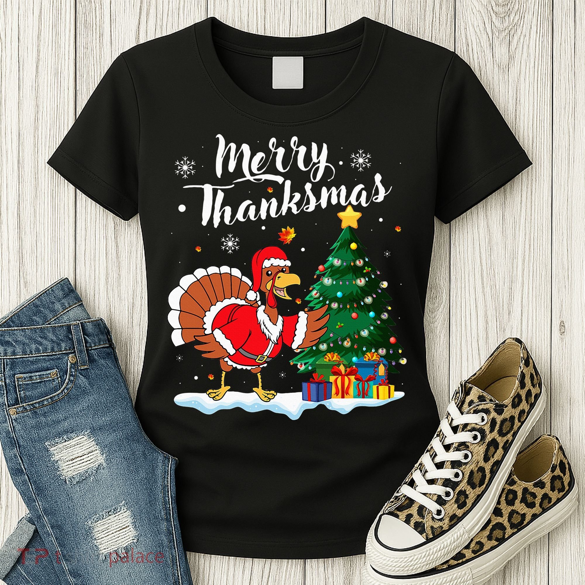 Merry Thanksmas Christmas Turkey Santa Thanksgiving Fall Women's T-Shirt