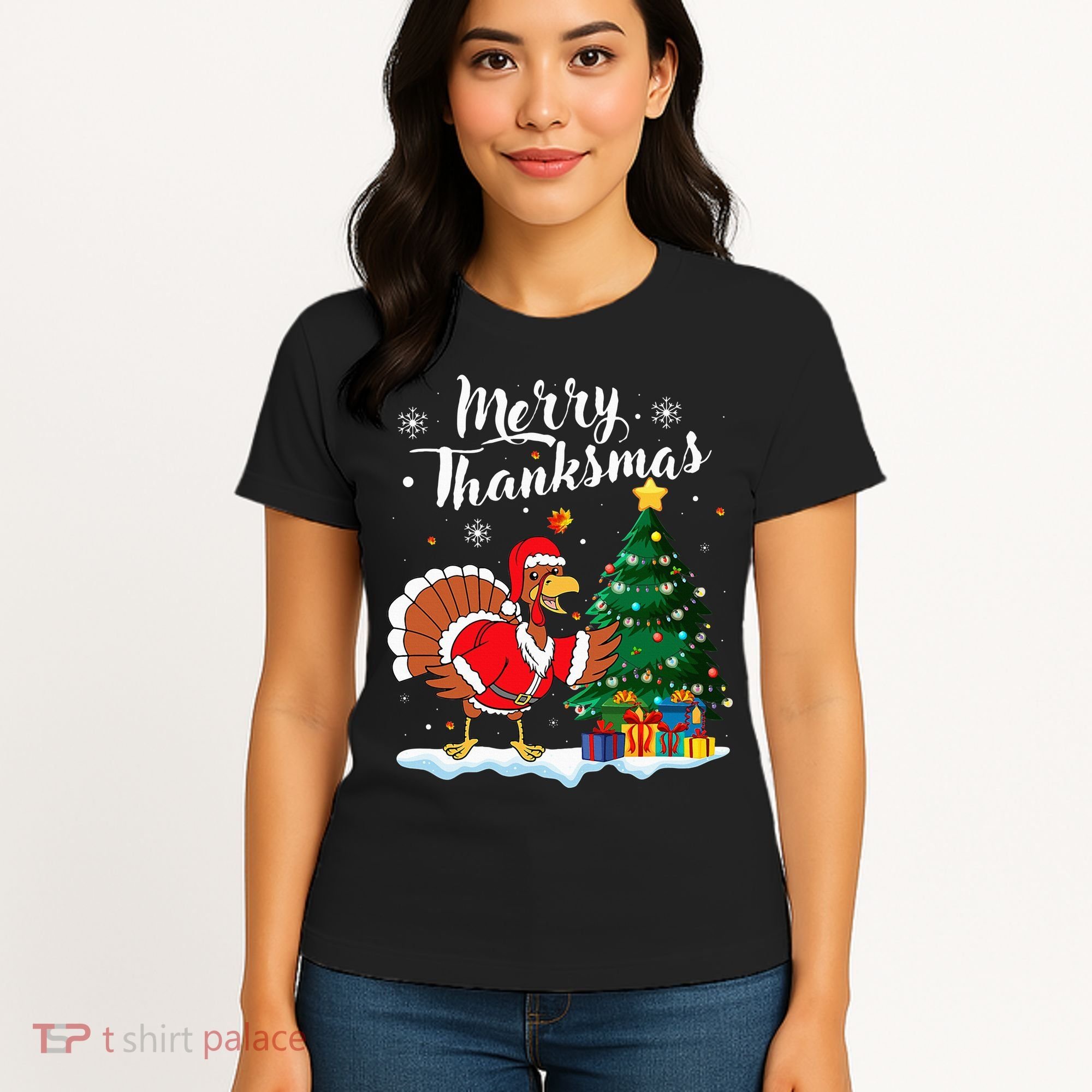 Merry Thanksmas Christmas Turkey Santa Thanksgiving Fall Women's T-Shirt