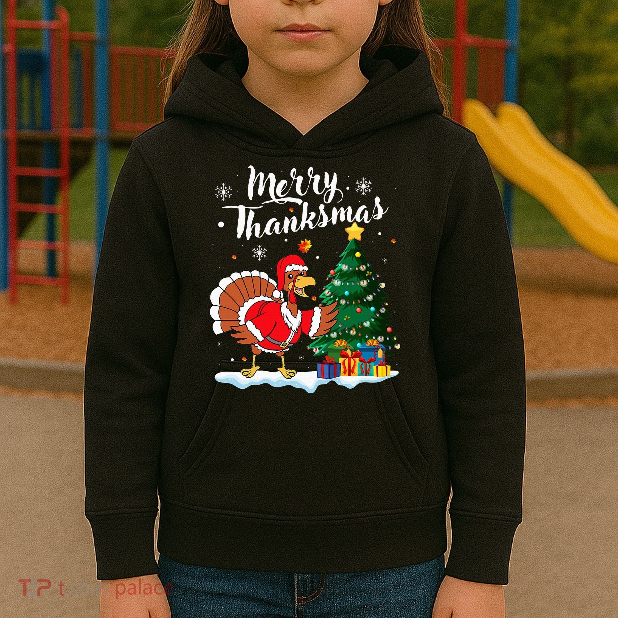 Merry Thanksmas Christmas Turkey Santa Thanksgiving Fall Kids Hoodie
