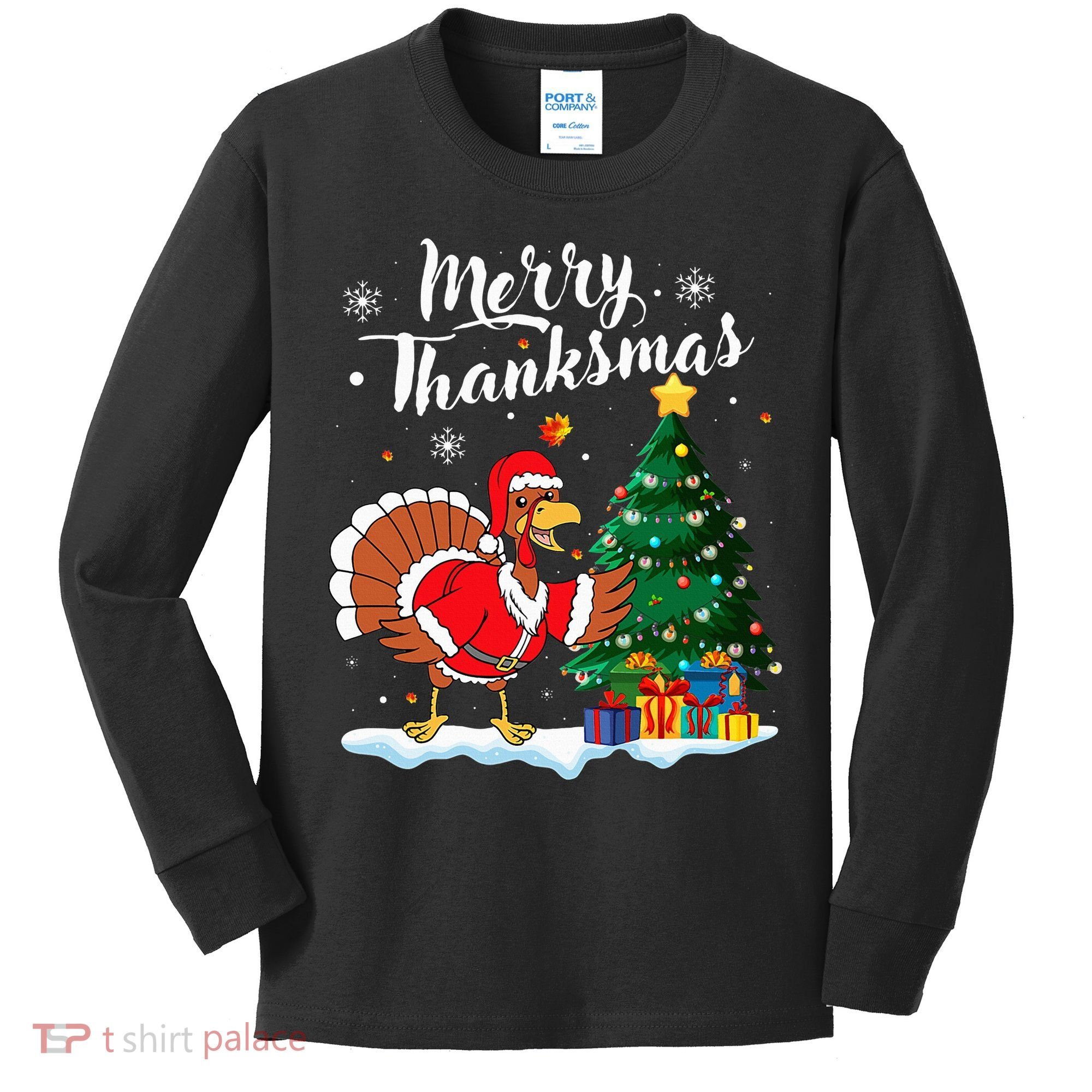 Merry Thanksmas Christmas Turkey Santa Thanksgiving Fall Kids Long Sleeve Shirt