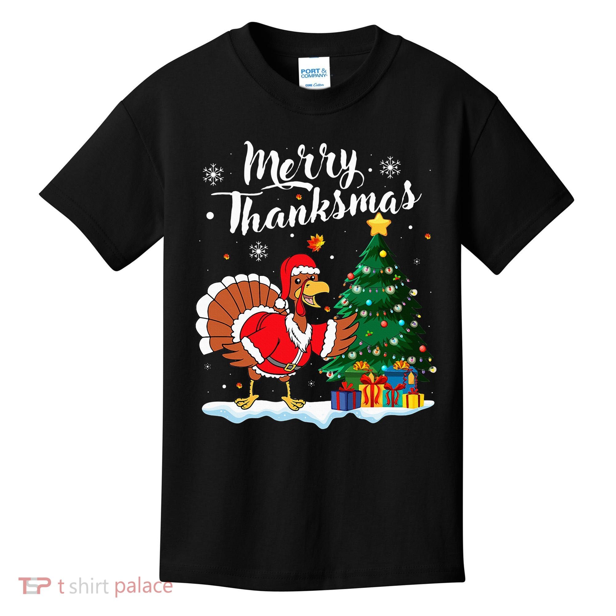 Merry Thanksmas Christmas Turkey Santa Thanksgiving Fall Kids T-Shirt