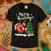 Merry Thanksmas Christmas Turkey Santa Thanksgiving Fall Kids T-Shirt thumb 3