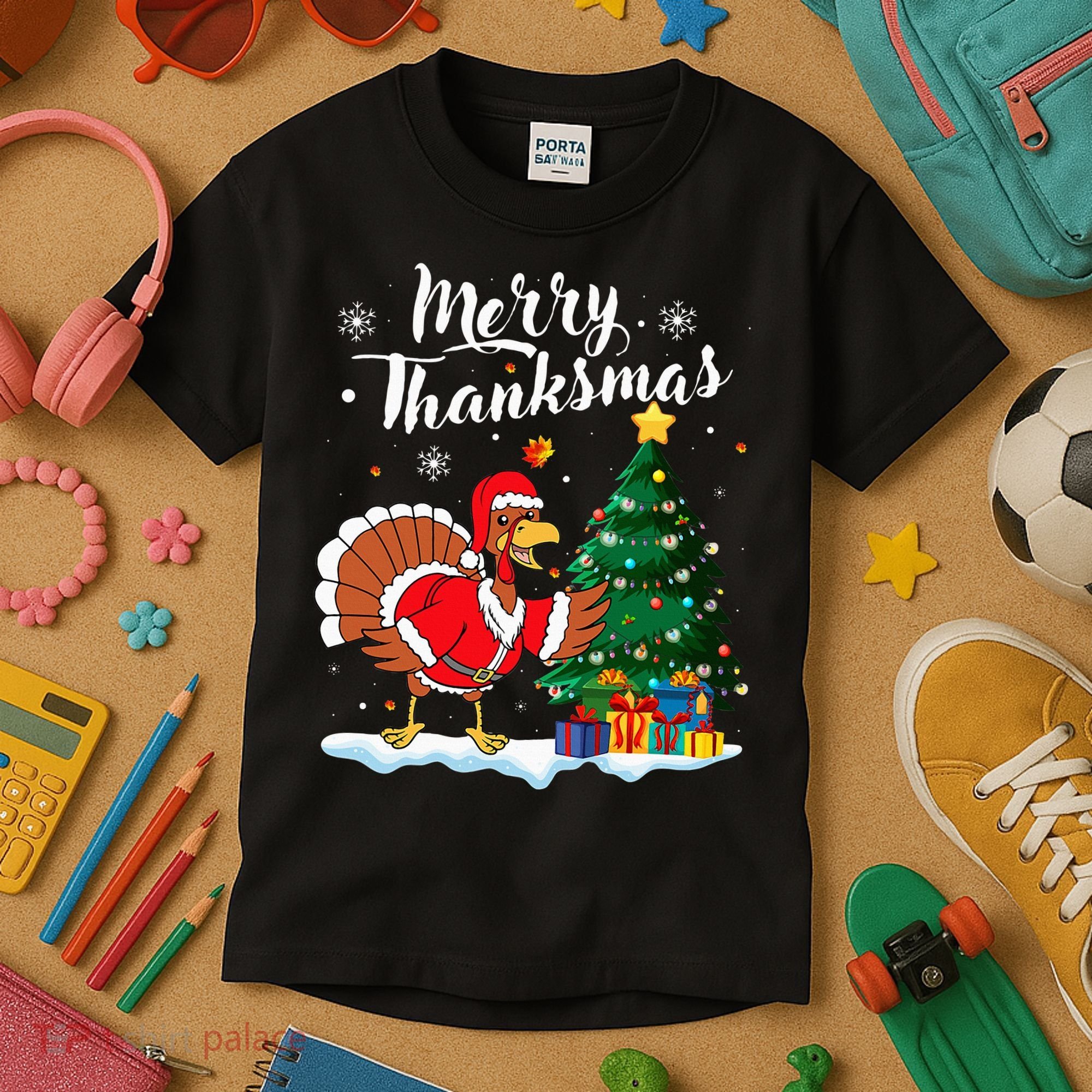Merry Thanksmas Christmas Turkey Santa Thanksgiving Fall Kids T-Shirt