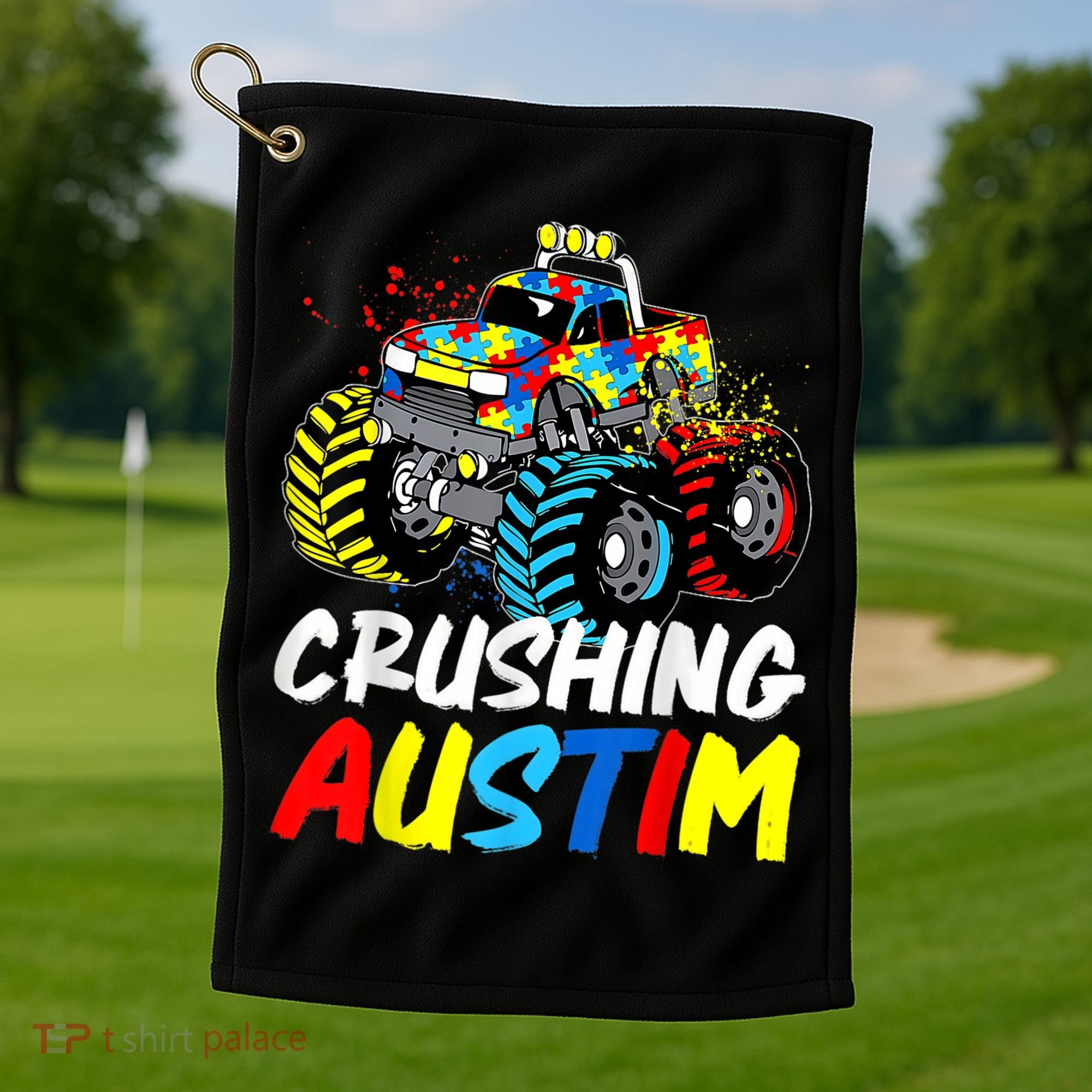 Monster Truck Crushing Austim Shirt Autism Awareness Golf Towel