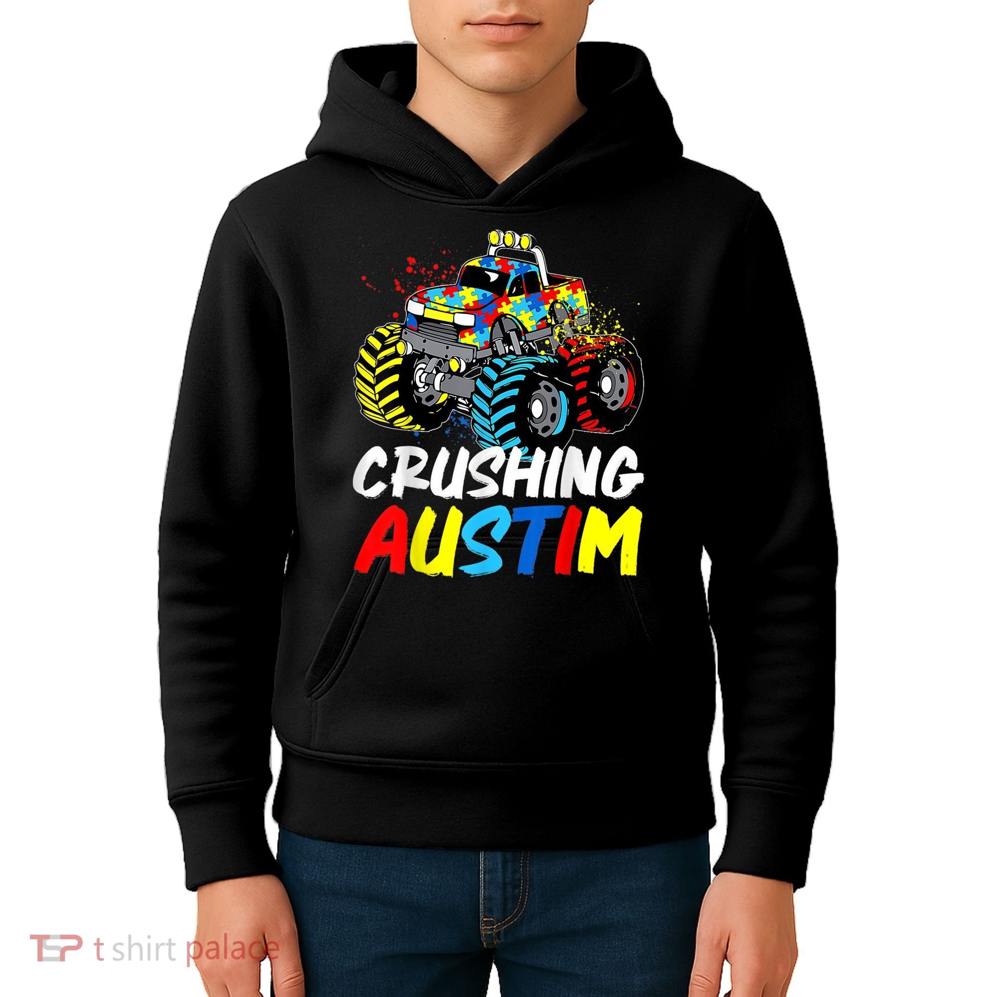 Monster Truck Crushing Austim Shirt Autism Awareness Kids Hoodie
