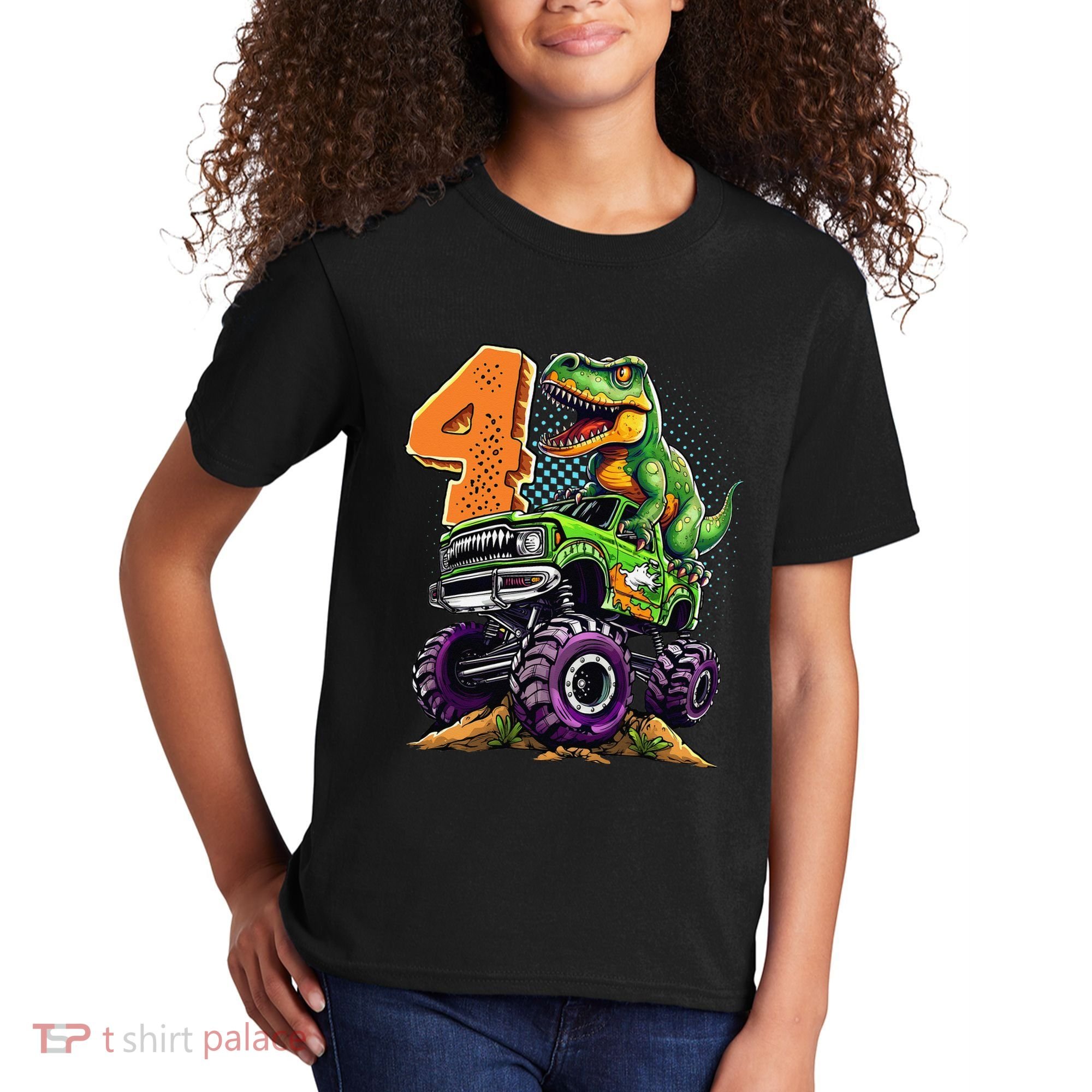 Monster Truck Dinosaur TRex 4th Birthday 4 Year Old Kids T-Shirt
