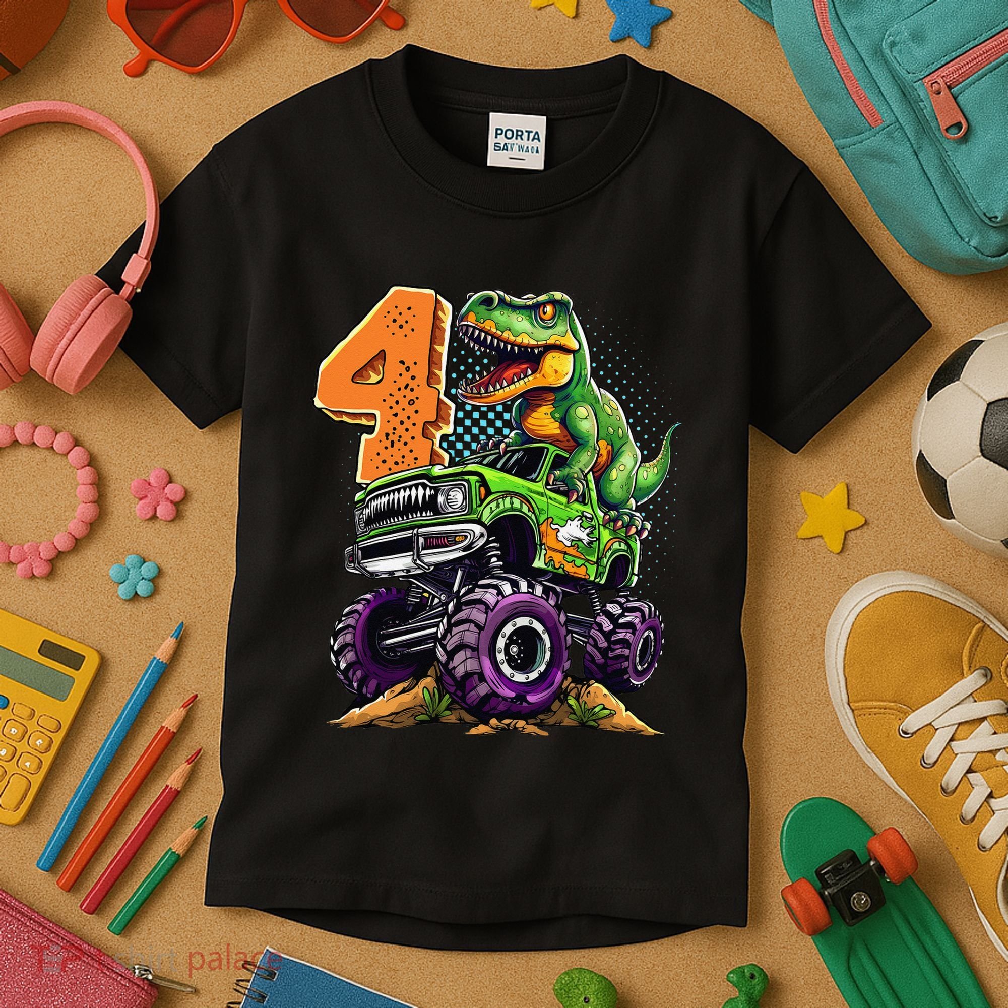 Monster Truck Dinosaur TRex 4th Birthday 4 Year Old Kids T-Shirt