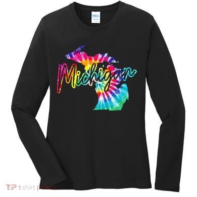 Michigan Tie Dye State Map Pride Hippie Vintage Retro Women's Long Sleeve Shirt