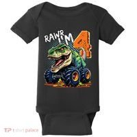 Monster Truck Dinosaur T Rex 4th Birthday Boy 4 Year Old Baby Bodysuit thumb 0