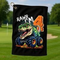 Monster Truck Dinosaur T Rex 4th Birthday Boy 4 Year Old Golf Towel thumb 1