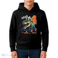 Monster Truck Dinosaur T Rex 4th Birthday Boy 4 Year Old Kids Hoodie thumb 4