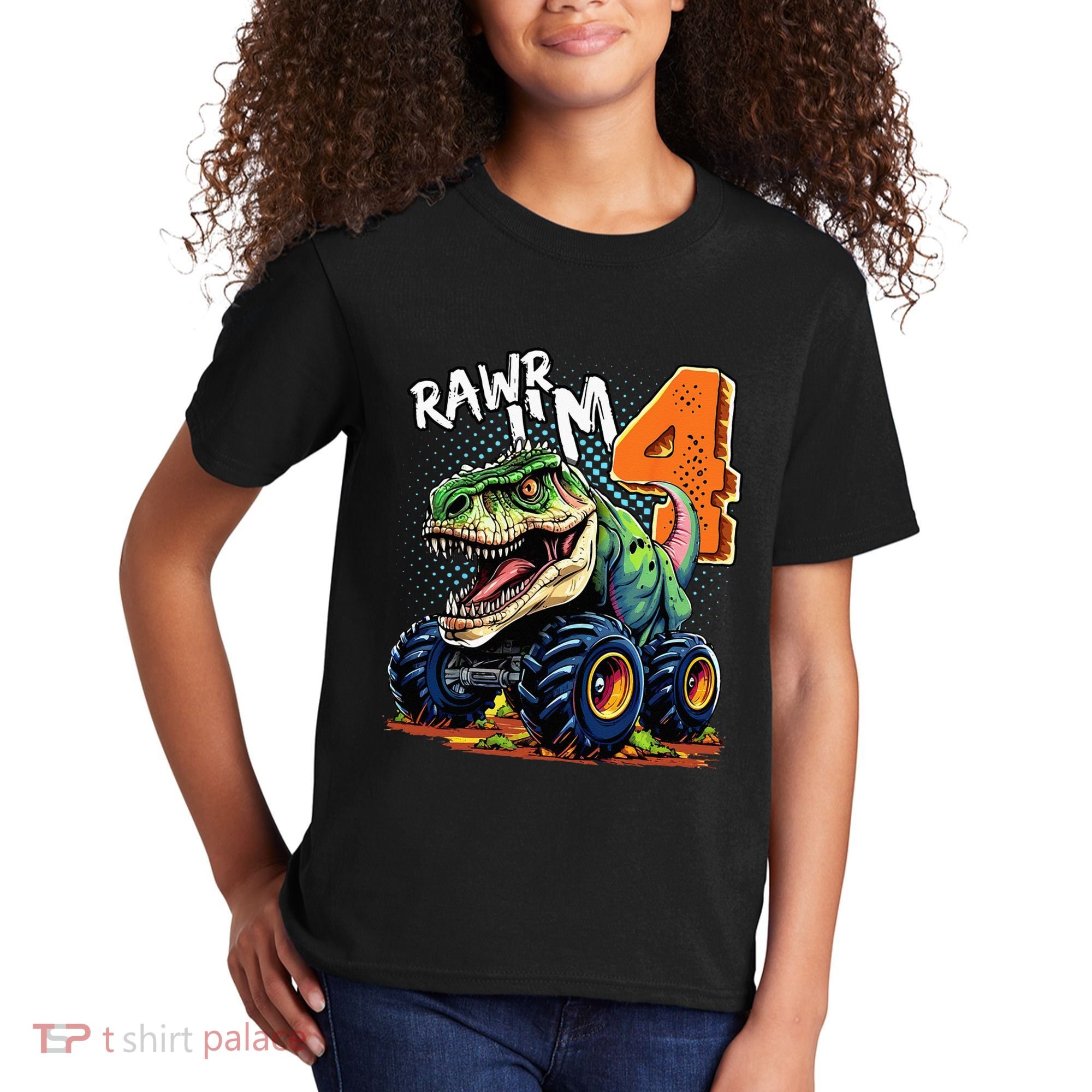 Monster Truck Dinosaur T Rex 4th Birthday Boy 4 Year Old Kids T-Shirt