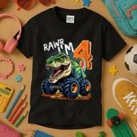 Monster Truck Dinosaur T Rex 4th Birthday Boy 4 Year Old Kids T-Shirt thumb 3