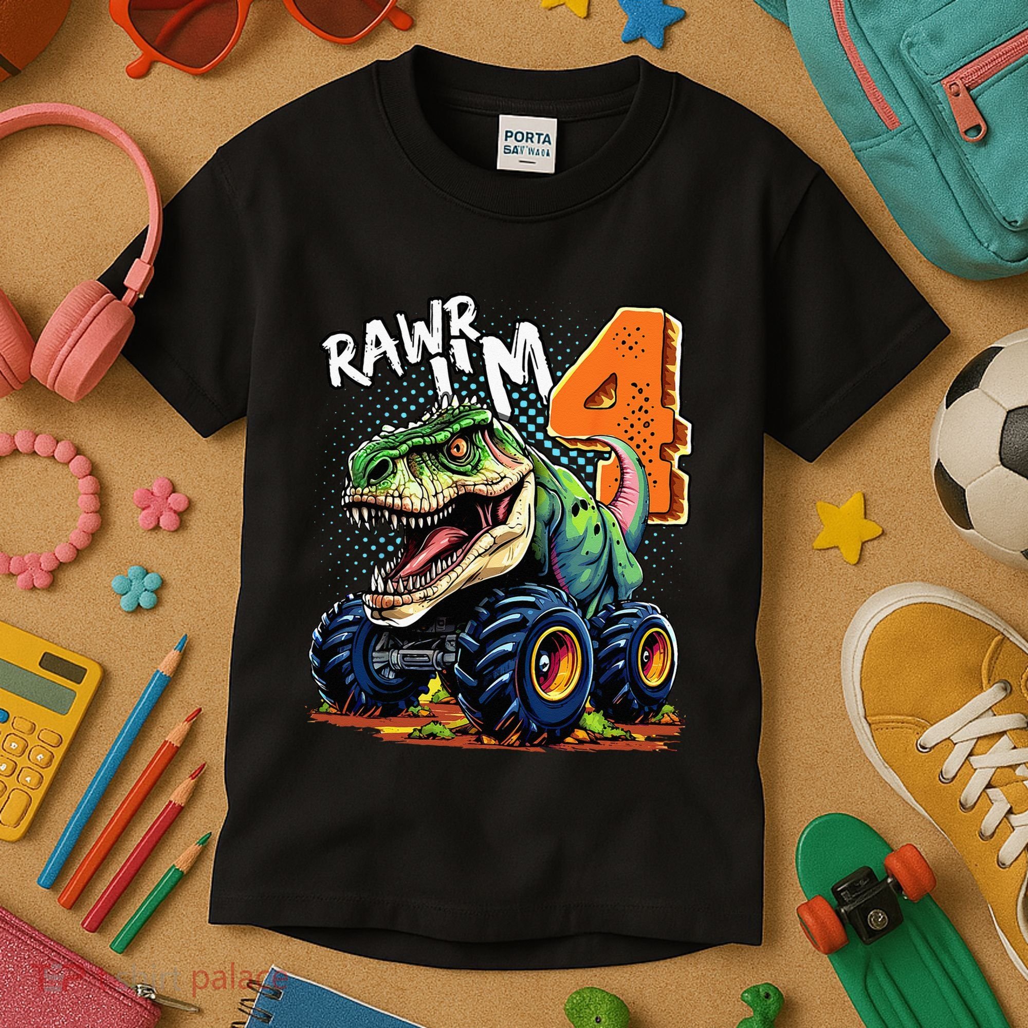 Monster Truck Dinosaur T Rex 4th Birthday Boy 4 Year Old Kids T-Shirt