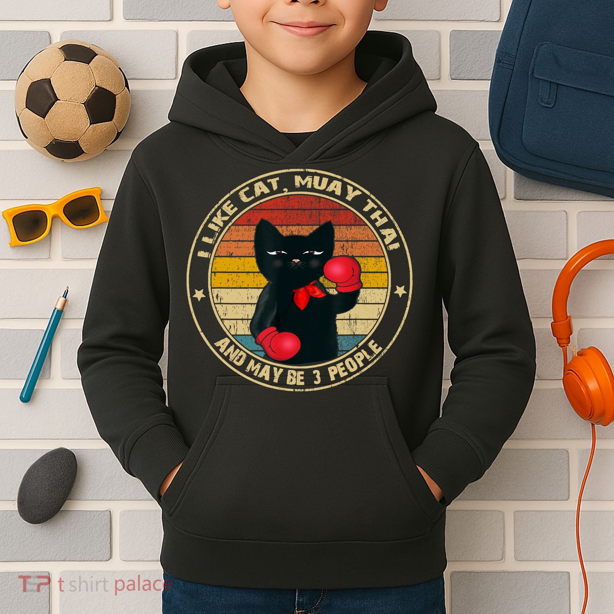 Muay Thai Funny Cat Kickboxing Thailand Boxing Cat Boxing Kids Hoodie