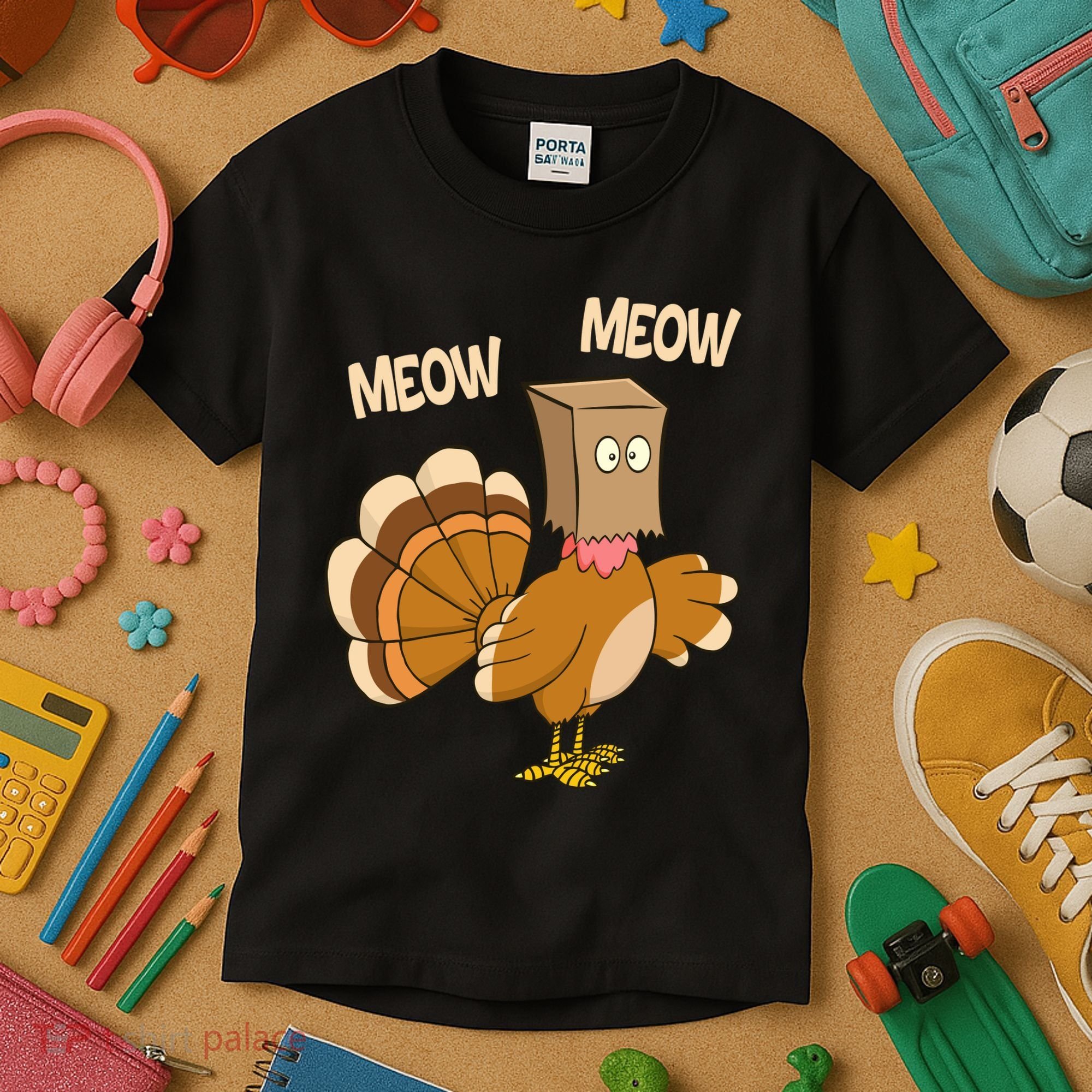 Meow Turkey Funny Thanksgiving Kids T-Shirt