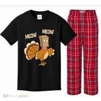 Meow Turkey Funny Thanksgiving Kids Plaid Pajama Set thumb 0