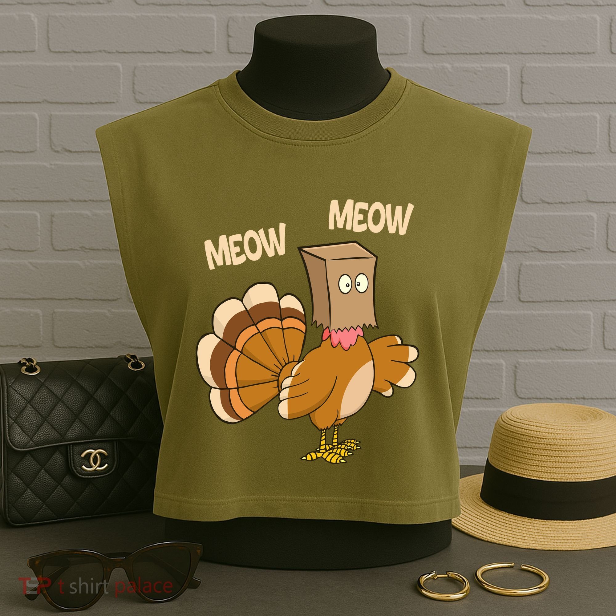 Meow Turkey Funny Thanksgiving Garment-Dyed Women's Muscle Tee