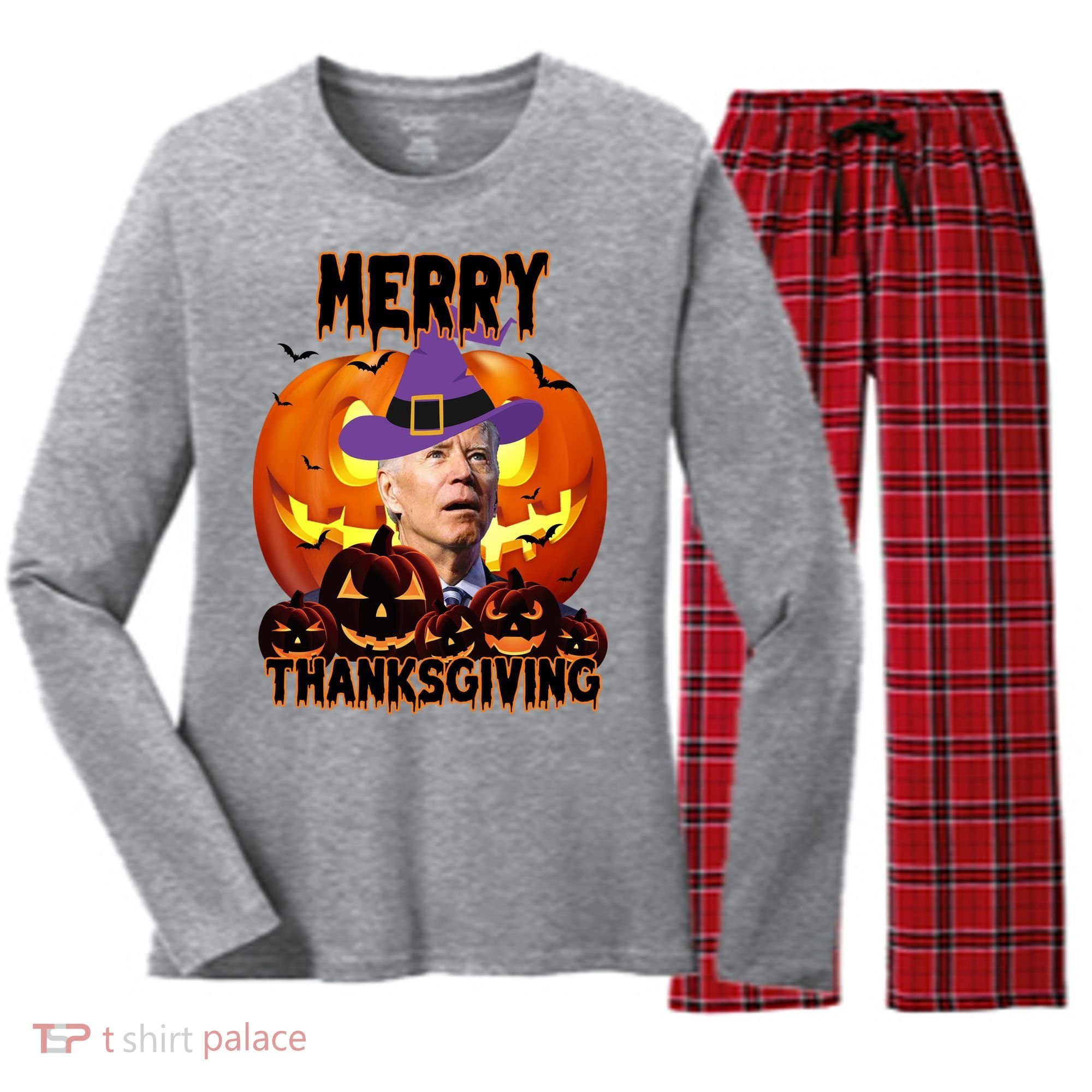 Merry Thanksgiving Funny Joe Biden Halloween Women's Long Sleeve Flannel Pajama Set 