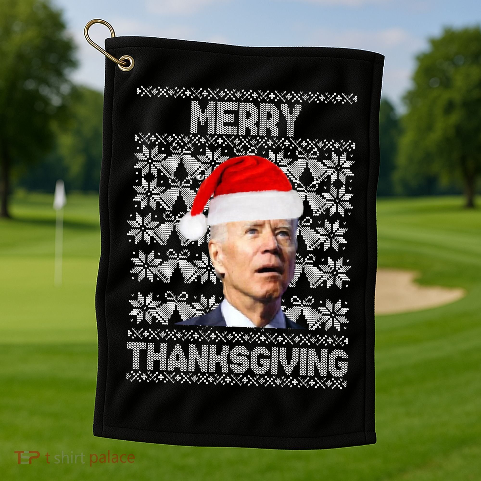 Merry Thanksgiving Funny Biden Ugly Christmas Golf Towel