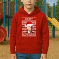 Merry Thanksgiving Funny Biden Ugly Christmas Kids Hoodie thumb 2