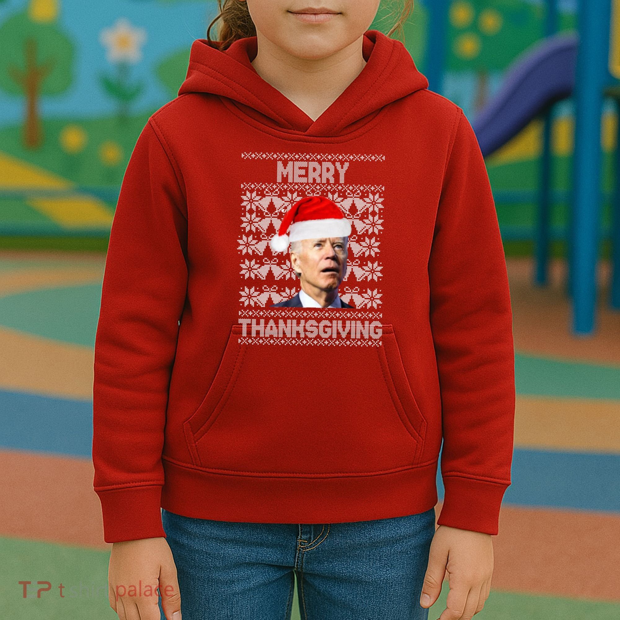 Merry Thanksgiving Funny Biden Ugly Christmas Kids Hoodie