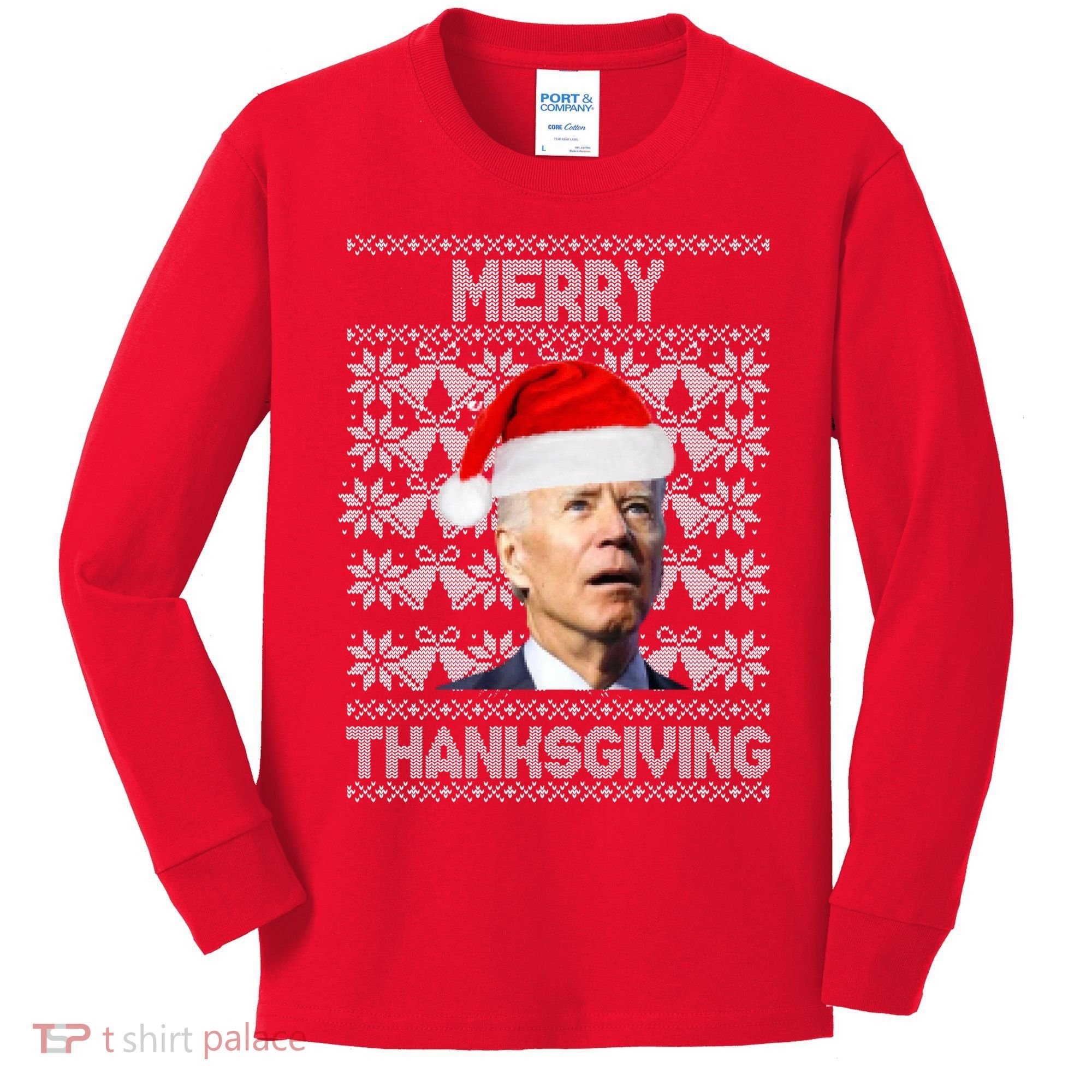 Merry Thanksgiving Funny Biden Ugly Christmas Kids Long Sleeve Shirt