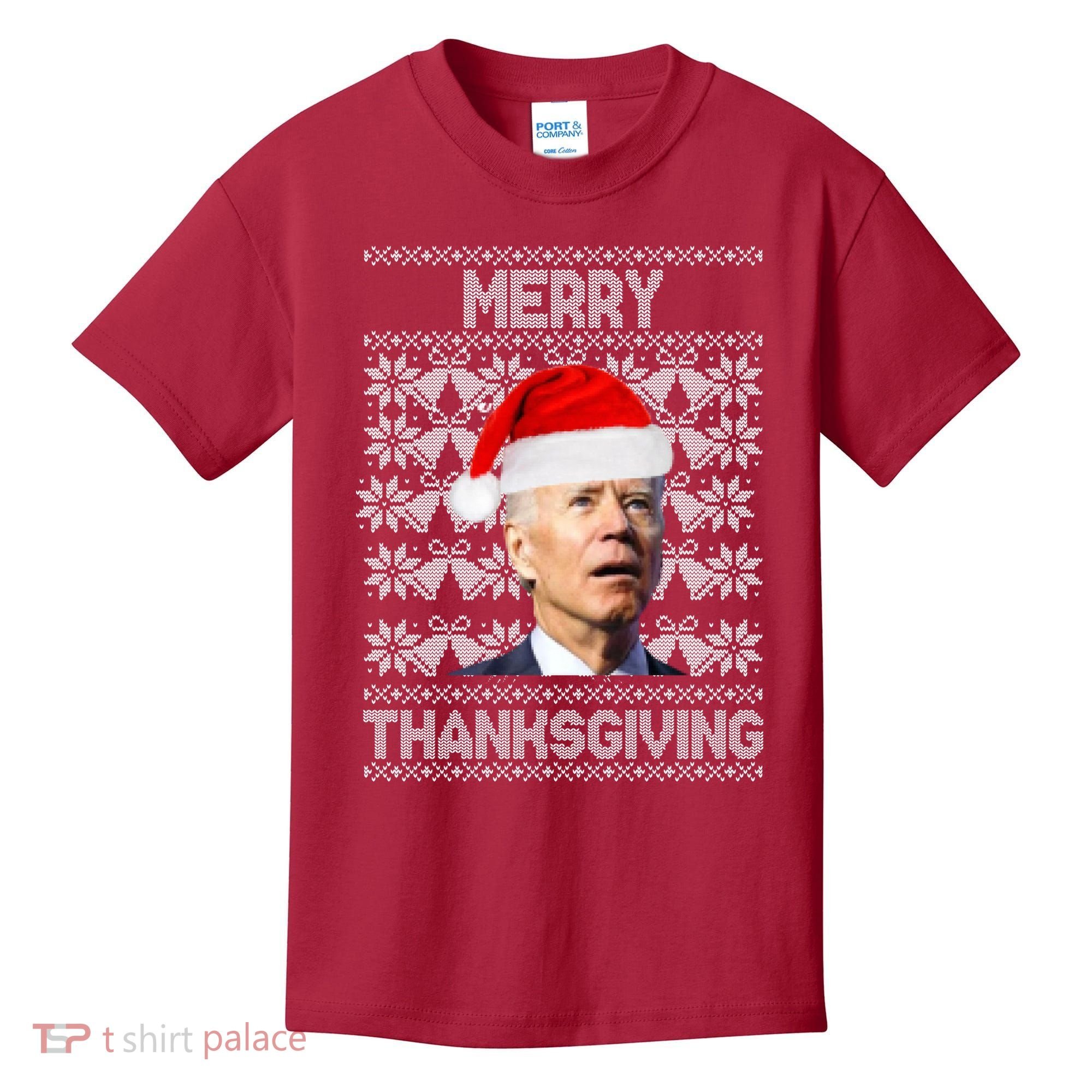 Merry Thanksgiving Funny Biden Ugly Christmas Kids T-Shirt