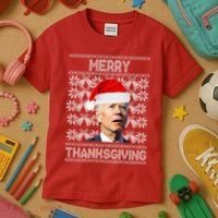 Merry Thanksgiving Funny Biden Ugly Christmas Kids T-Shirt thumb 3