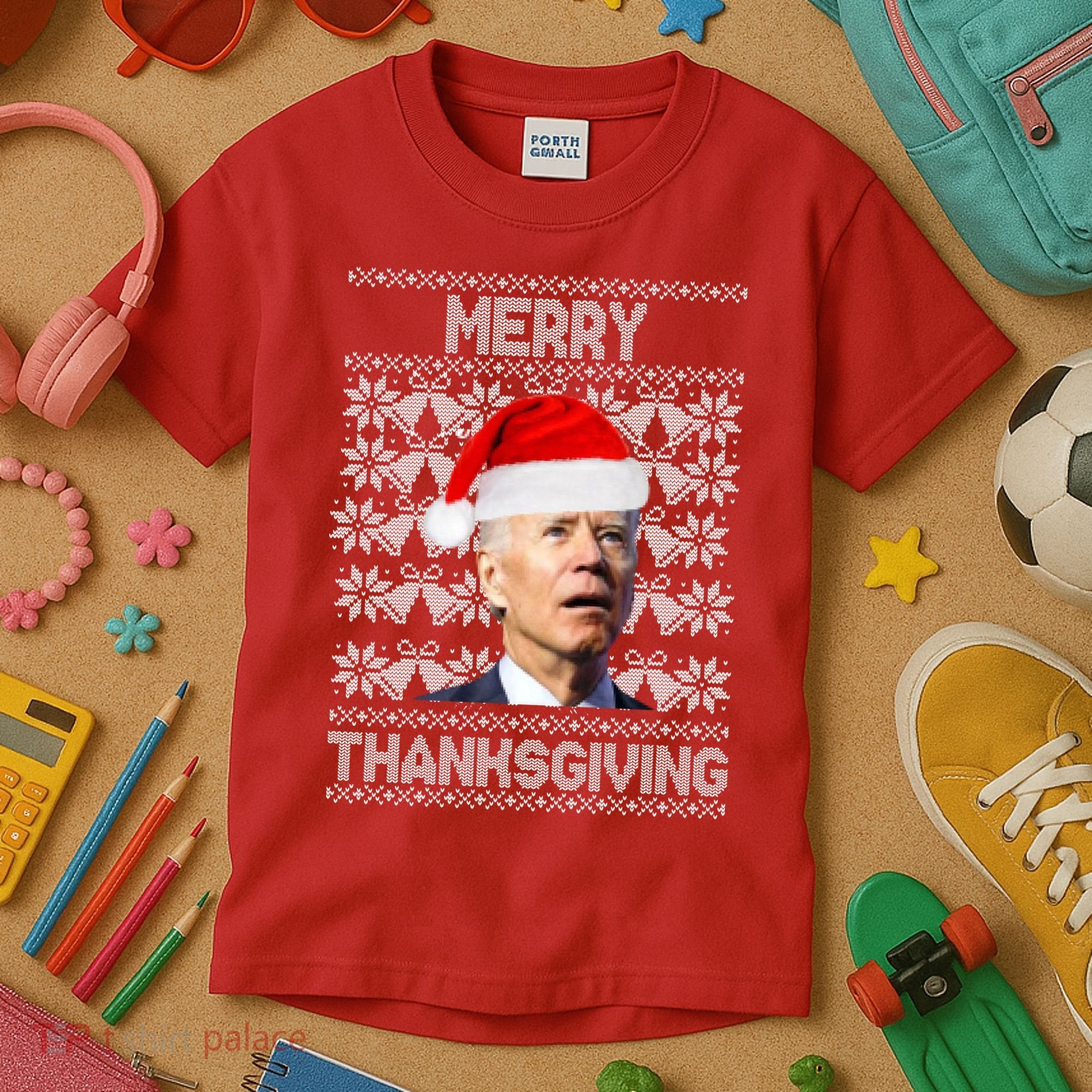 Merry Thanksgiving Funny Biden Ugly Christmas Kids T-Shirt