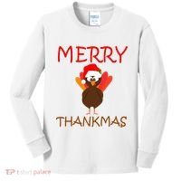 Merry Thankmas Funny Thanksgiving Turkey Kids Long Sleeve Shirt thumb 0