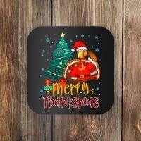 Merry Thanksmas Funny Turkey Santa Christmas Thanksgiving Coaster thumb 0