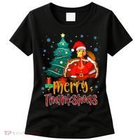 Merry Thanksmas Funny Turkey Santa Christmas Thanksgiving Women's T-Shirt thumb 0