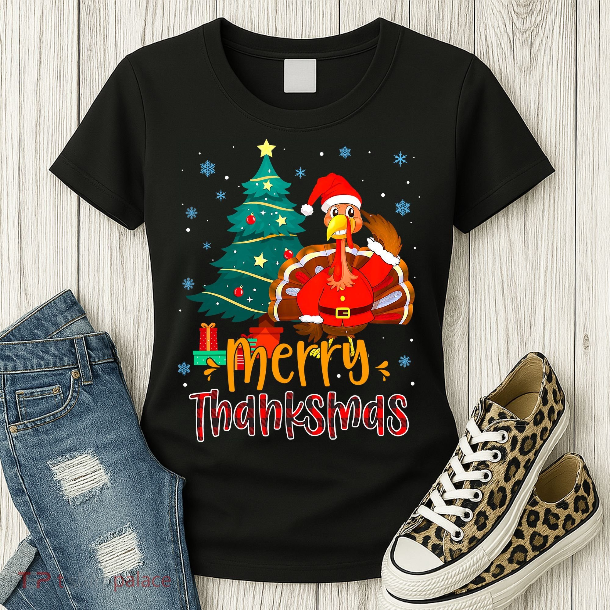 Merry Thanksmas Funny Turkey Santa Christmas Thanksgiving Women's T-Shirt