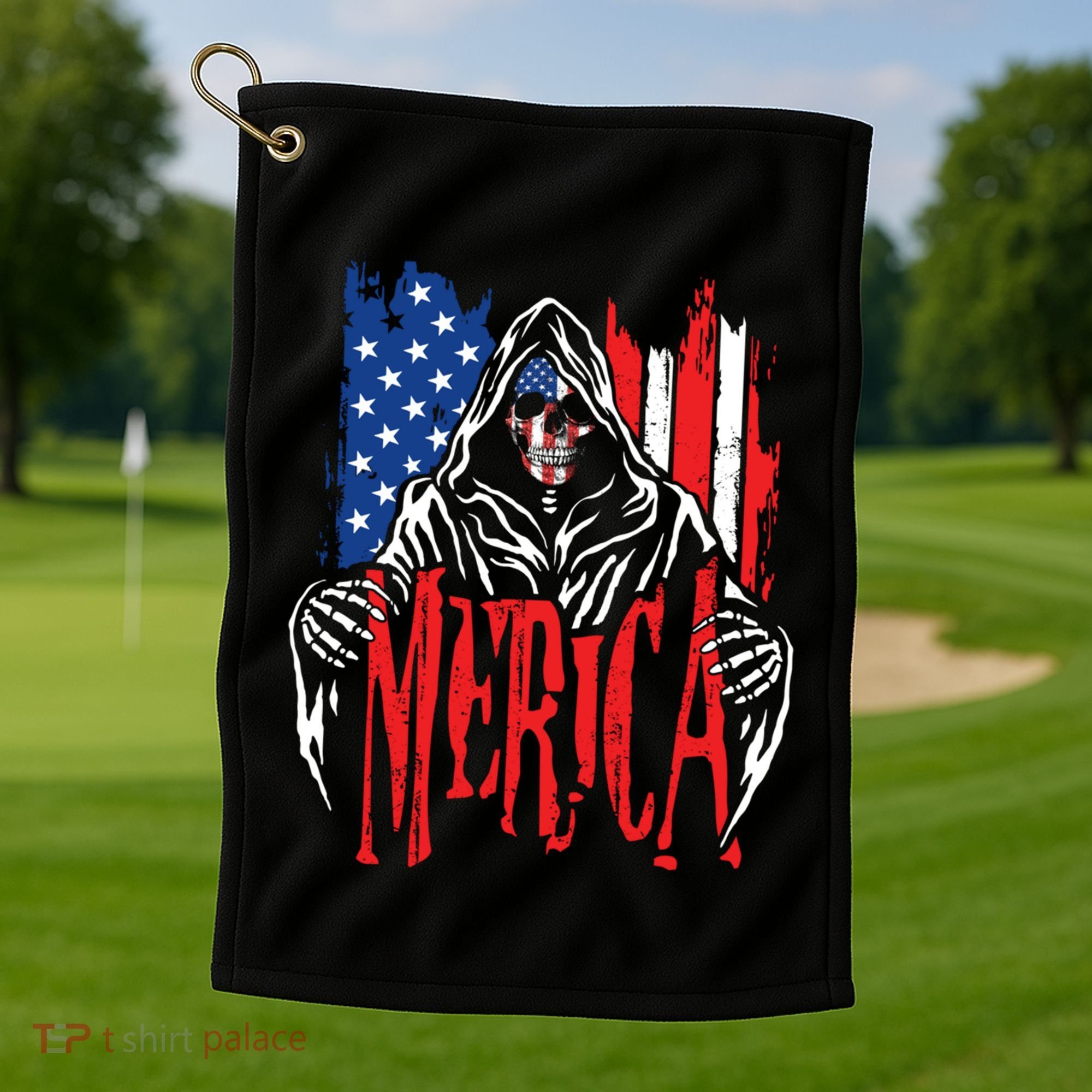 Merica The Grim Reaper Skull American Flag 4th Of July Gift Golf Towel