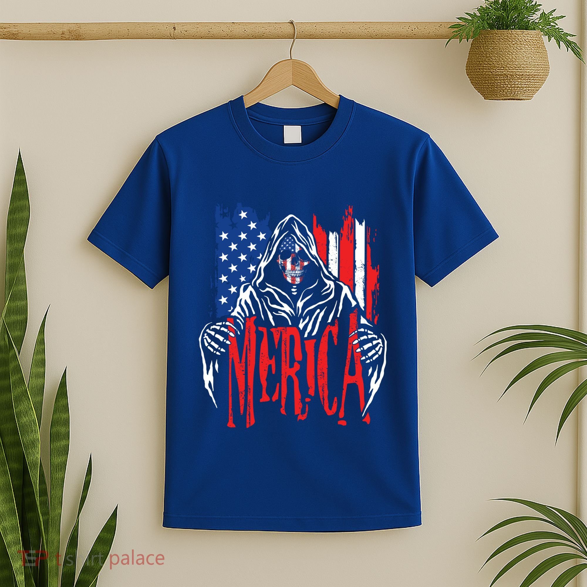 Merica The Grim Reaper Skull American Flag 4th Of July Gift T-Shirt