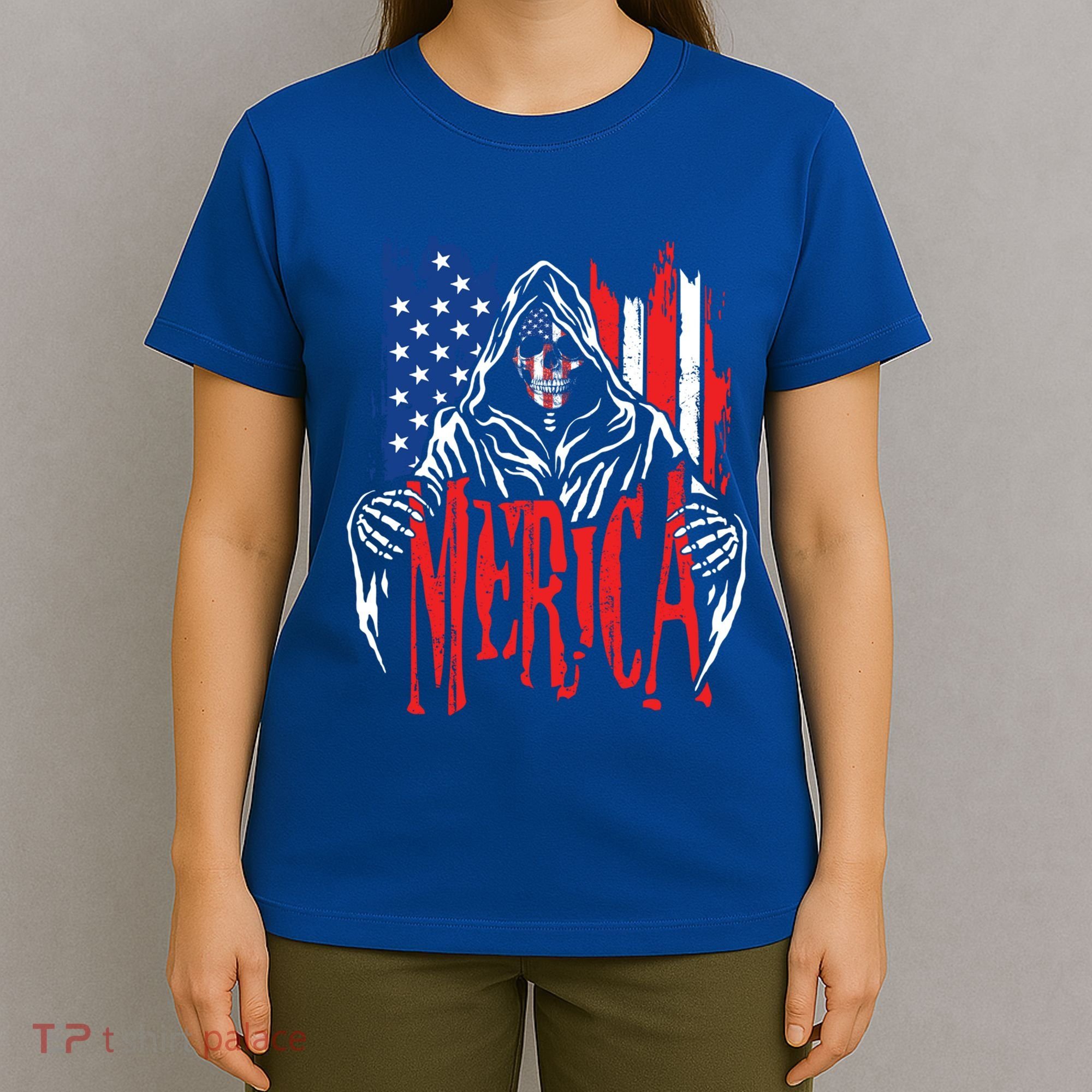 Merica The Grim Reaper Skull American Flag 4th Of July Gift T-Shirt