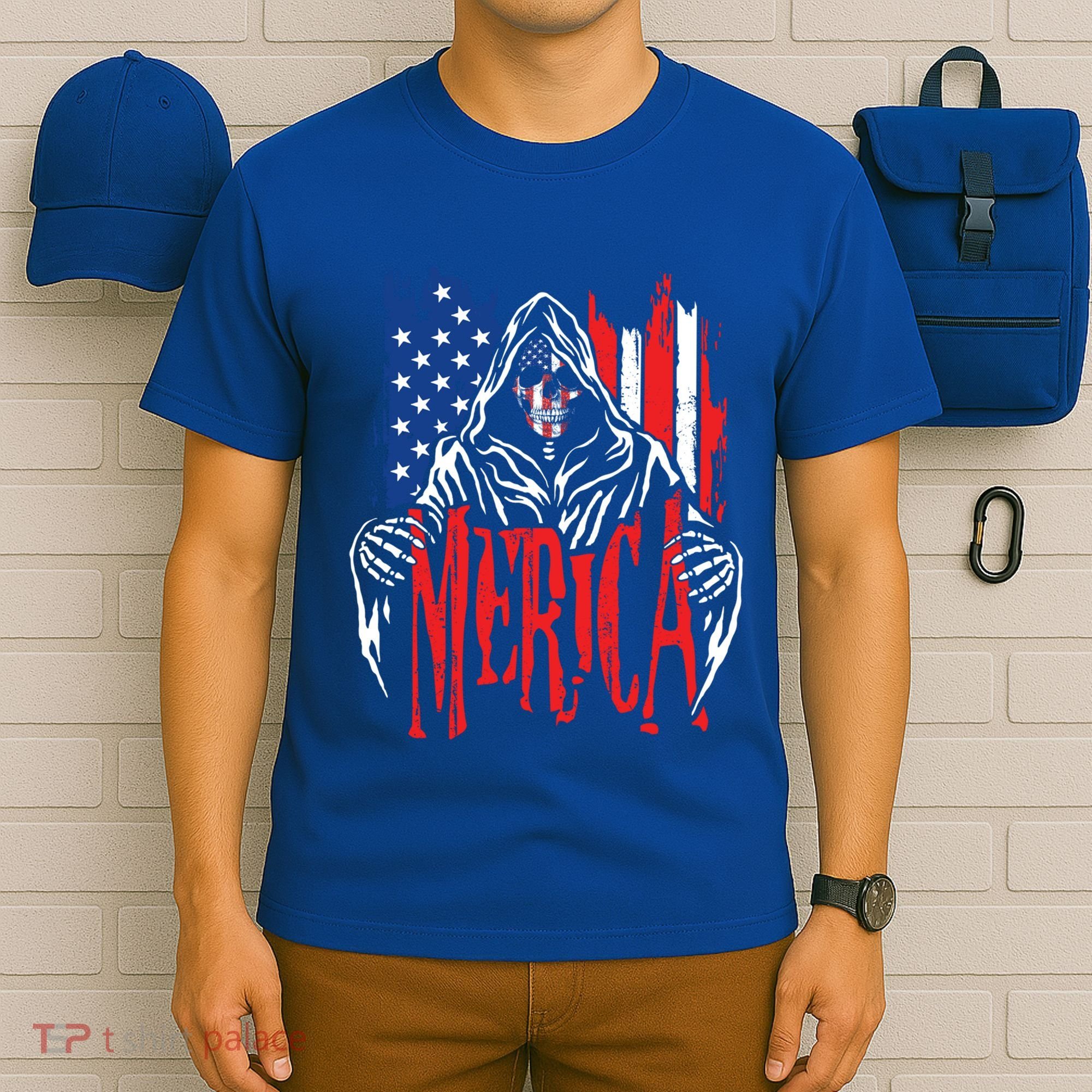 Merica The Grim Reaper Skull American Flag 4th Of July Gift T-Shirt