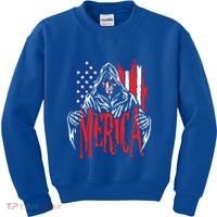 Merica The Grim Reaper Skull American Flag 4th Of July Gift Kids Sweatshirt thumb 0