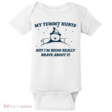 My Tummy Hurts Funny Bear Retro Cartoon Meme Baby Bodysuit