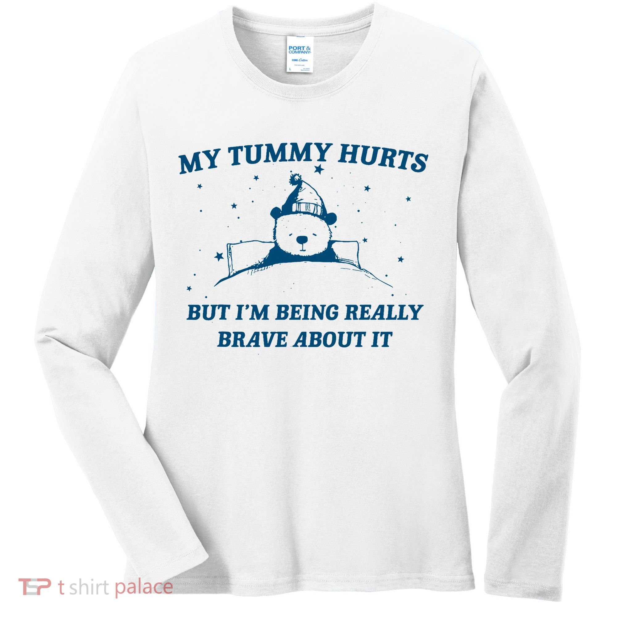My Tummy Hurts Funny Bear Retro Cartoon Meme Old Cartoon Women's Long Sleeve Shirt