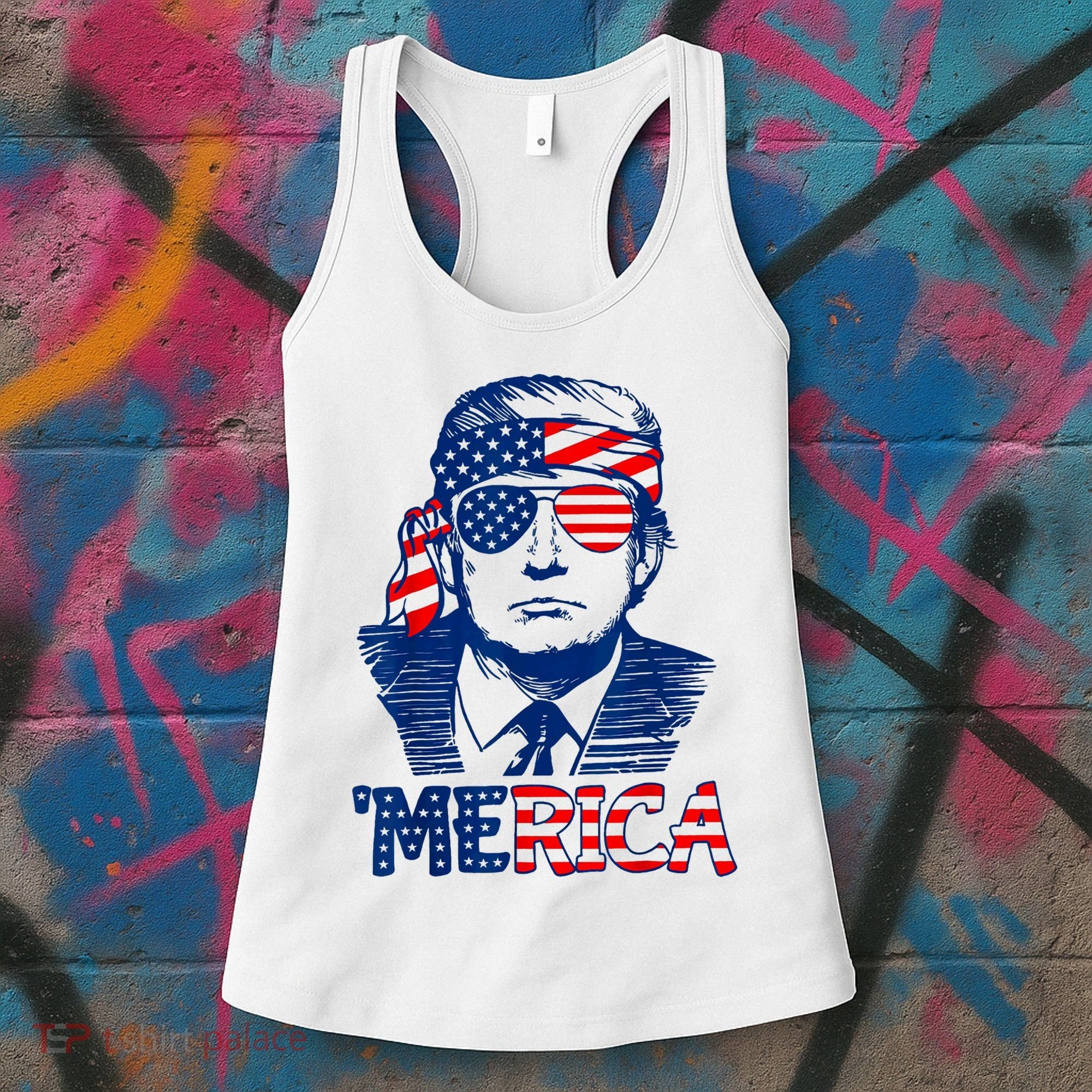 Merica Trump Happy 4th Of July Trump American Flag Fun Women's Tank Top